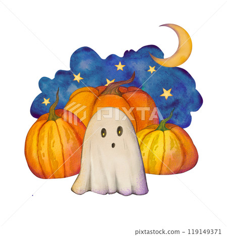 Watercolor illustration of a cute ghost surrounded by pumpkins under a starry night sky with a crescent moon. A scary ghost. Ideal for Halloween invitations, greeting card, or children's book designs. 119149371