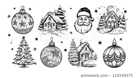 Christmas cookie, ball, tree, house, set, Hand drawn illustration Christmas cookie, ball, tree, house, set, Hand drawn illustration 119149375