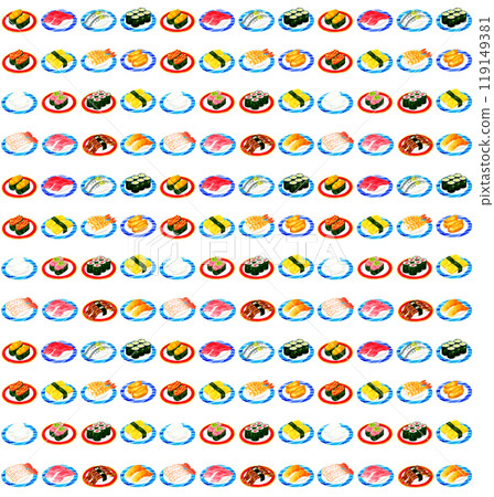 Seamless pattern of sushi on a plate Hand-drawn watercolor illustration food pattern 119149381