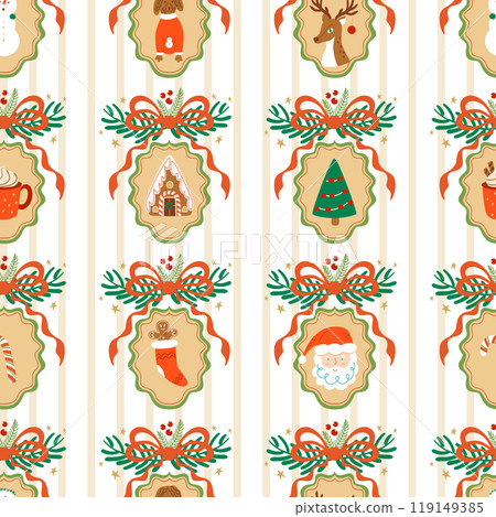 Beige coquette Christmas pattern with bow, ribbon, cute winter holiday elements. Vector striped grandmillennial print 119149385