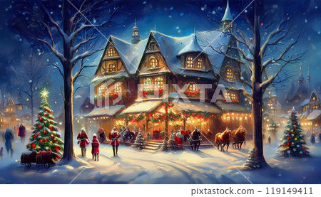 Christmas card. Cozy winter houses in Scandinavian style. Editable illustration for Christmas invitation, card and website banner. Scandinavian architecture.  119149411