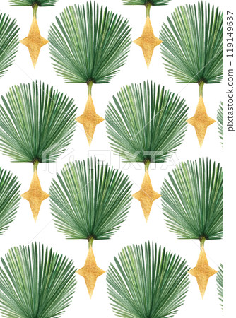 Palm leaf abstract hand painted watercolor seamless pattern isolated on white. High quality image perfect for cards, posters, stickers, eco materials, Christmas decoration design. Exotic plants 119149637