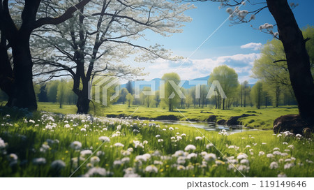 Beautiful blurred spring background of a forest with a blooming meadow, trees and blue sky on a sunny day 119149646
