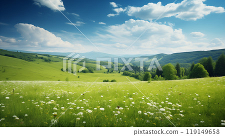 landscape photo of a green flowering meadow on a sunny summer day 119149658