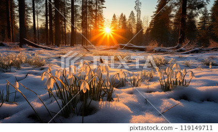 clearing with snowdrops in the spring forest at sunset 119149711