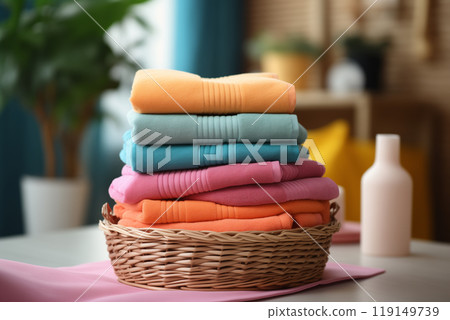 A stack of neatly folded colorful towels in a wicker basket on the bathroom nightstand 119149739