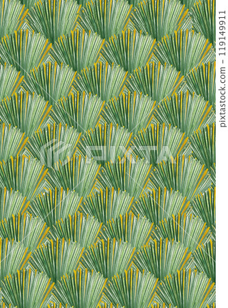 Palm leaf with gold elements hand painted watercolor paved seamless pattern isolated on white background. Image perfect for textile, wrapping paper, stickers, eco materials. Exotic plants clip art 119149911