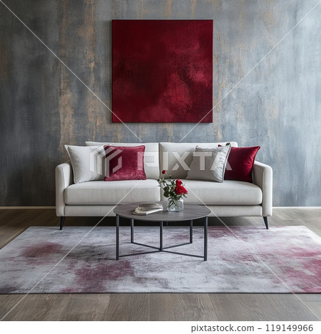 Modern living room with elegant red accents and contemporary art 119149966