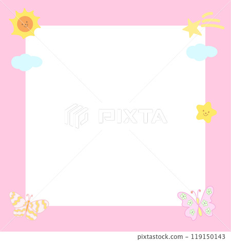 Cute square frame with butterfly, stars, cloud for polaroid photo, banner, social media post, ad template, memo, sticky note, notepad, paper design, book cover, animal print, blossom, picnic, summer Cute square frame with butterfly, stars, cloud for polaroid photo, banner, social media post, ad template, memo, sticky note, notepad, paper design, book cover, animal print, blossom, picnic, summer 119150143
