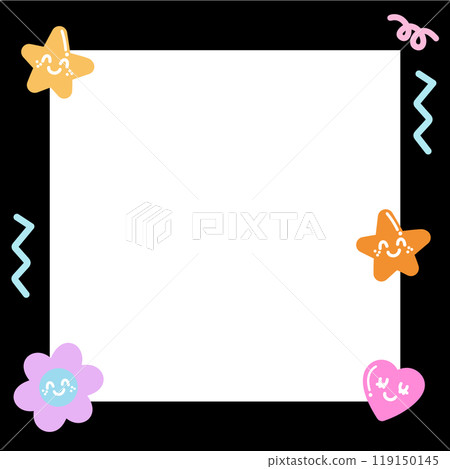 Cute square frame with flower, heart, star for polaroid photo, banner, social media post, ad template, memo, sticky note, notepad, paper design, card, spring, summer, cartoon frame, floral print, book 119150145
