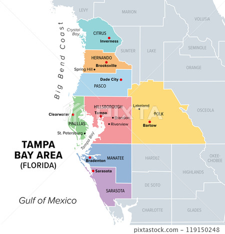 Tampa Bay area, Florida, United States, multi colored political map. Major metropolitan area surrounding Tampa Bay on the Gulf Coast of Florida. Map with counties, their capitals, and major cities. 119150248