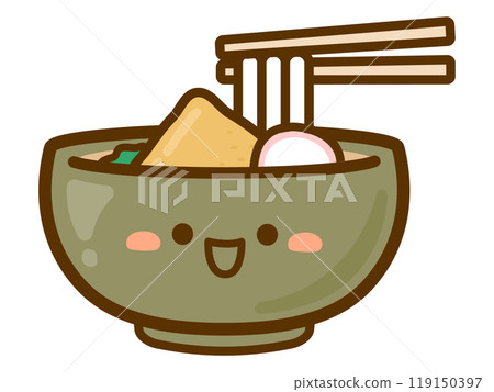 Vector illustration of cute fox udon, fried tofu and kamaboko udon in a green bowl Vector illustration of cute fox udon, fried tofu and kamaboko udon in a green bowl 119150397