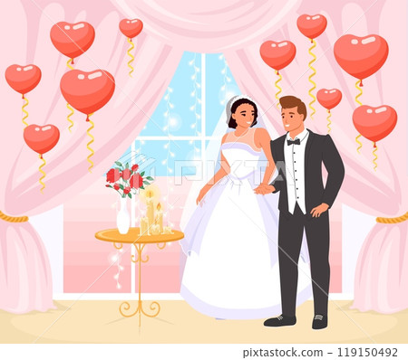 Bride and groom posing for photo vector illustration 119150492