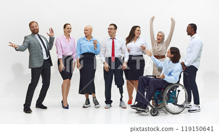 Diverse group of colleagues engage in lively conversation, smiling and gesturing. Collaboration and acceptance in a professional setting. Diverse group of colleagues engage in lively conversation, smiling and gesturing. Collaboration and acceptance in a professional setting. 119150641