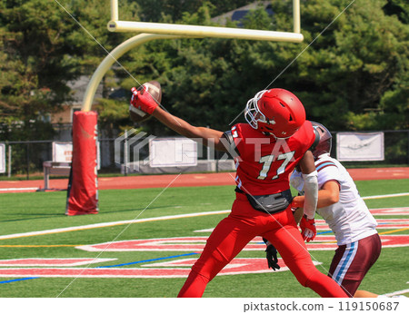 Wide receiver making a one handed catch in the end zone during a football game Wide receiver making a one handed catch in the end zone during a football game 119150687