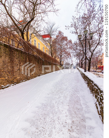 uzhhorod, ukraine - 05 jan 2019: snow covered streets of old town. overcast sky uzhhorod, ukraine - 05 jan 2019: snow covered streets of old town. overcast sky 119150700