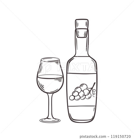 Bottle and glass of wine doodle sketch style illustration 119150720