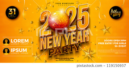 Happy New Year 2025 Party Celebration Banner Template Illustration with Shiny Disco Ball and 3d Typography Lettering on Yellow Background. Vector New Year Eve Holiday Flyer Design. Premium Invitation Happy New Year 2025 Party Celebration Banner Template Illustration with Shiny Disco Ball and 3d Typography Lettering on Yellow Background. Vector New Year Eve Holiday Flyer Design. Premium Invitation 119150937