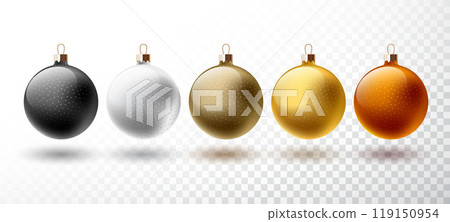 Merry Christmas Illustration with Colorful Glass Ball Set Isolated on Transparent Background. Vector Holiday Season Ornament Design for Banner, Greeting Card, Party Flyer, Celebration Poster and 119150954