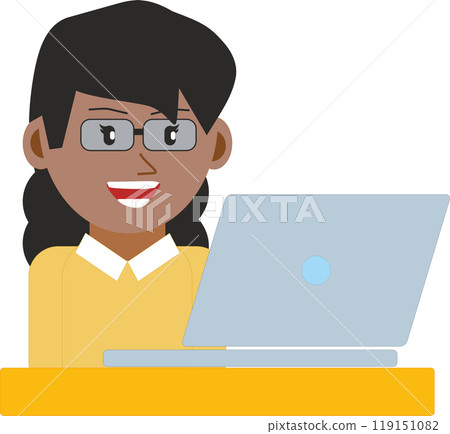 illustration of a young black woman with glasses while working or studying on a laptop computer illustration of a young black woman with glasses while working or studying on a laptop computer 119151082