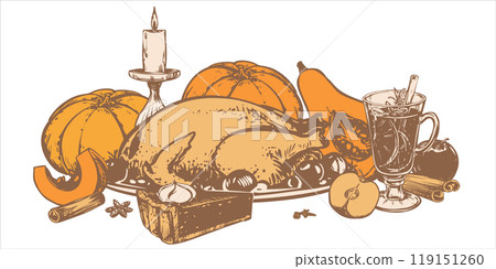 Traditional Thanksgiving dinner. Vector illustration in hand sketch style. Autumn pumpkin pie with whipped cream, mulled wine and baked turkey. Ink drawing in engraving style. 119151260
