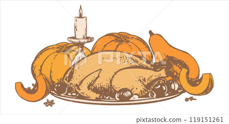 Hand drawn roasted turkey on a plate with vegetables and orange pumpkins. Vector sketch in engraving style. Baked chicken with vegetables on a plate for a Thanksgiving party. Line art ink drawing. 119151261