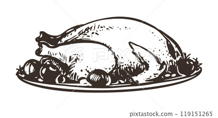 Hand drawn roast turkey in a plate with vegetables. Vector sketch of Christmas dish in engraving style. Baked chicken with vegetables on a plate for thanksgiving party. Linear ink drawing. 119151265
