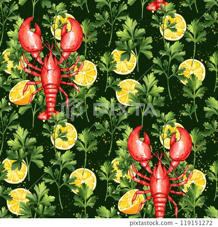 Seamless pattern of lemons, red lobster, parsley and cilantro. Food illustration, dark green background Seamless pattern of lemons, red lobster, parsley and cilantro. Food illustration, dark green background 119151272