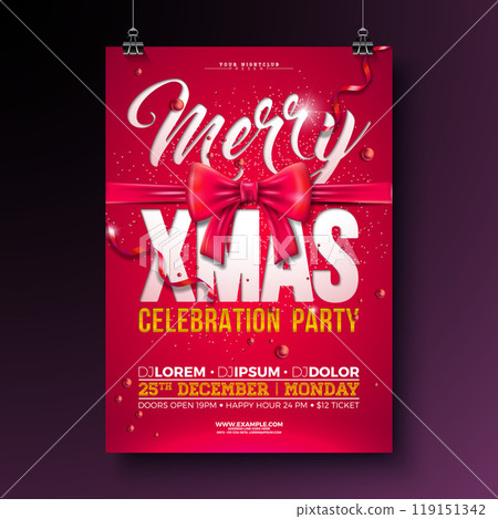 Vector Merry Christmas Party Flyer Design with Ornament Bow and Typography Letter on Red Background. Holiday Season Celebration Poster Illustration for Greeting Card, Banner Invitation, Celebration Vector Merry Christmas Party Flyer Design with Ornament Bow and Typography Letter on Red Background. Holiday Season Celebration Poster Illustration for Greeting Card, Banner Invitation, Celebration 119151342