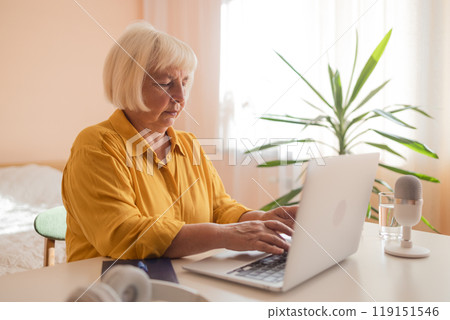 Elderly woman working on laptop computer, smiling, working from home. Trendy woman working on laptop from home Elderly woman working on laptop computer, smiling, working from home. Trendy woman working on laptop from home 119151546