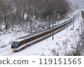 The Shinano Express train travels through snowy scenery 119151565