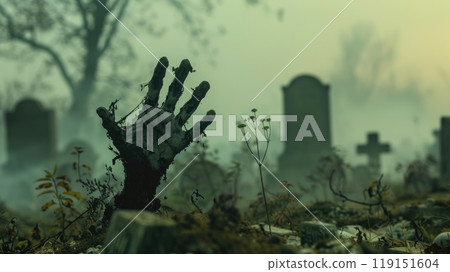 Rise of the mechanical zombie, Eerie steampunk ambiance in cemetery Rise of the mechanical zombie, Eerie steampunk ambiance in cemetery 119151604
