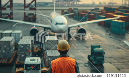 A man in an orange vest stands in front of a large airplane A man in an orange vest stands in front of a large airplane 119151613
