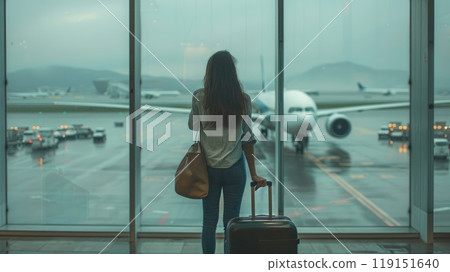 A woman is standing in front of an airplane with her luggage with the sky is cloudy 119151640