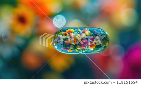 Vibrant Farmers Market Reflection in Medicine Capsule, Macro Water Droplet Photography with Soft Lighting 119151654