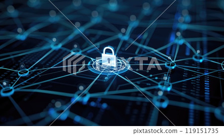 Cyber Security Concept, Network Diagram with Padlock Icon Ensuring Digital Device and Data Protection 119151735