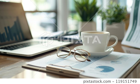 Businessman's Pause, Reflective Moment at Work Desk with Laptop, Coffee, Notepad, and Glasses 119151749