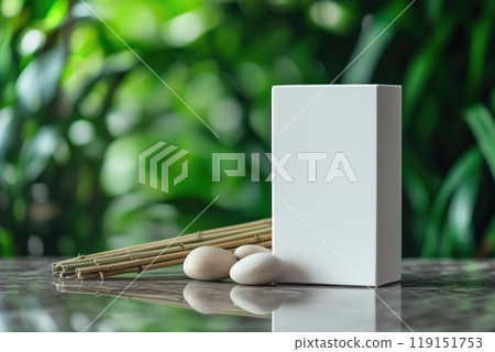Tranquil Zen Concept with White Box, Pebbles, and Bamboo on Marble Surface with Green Foliage Blur 119151753