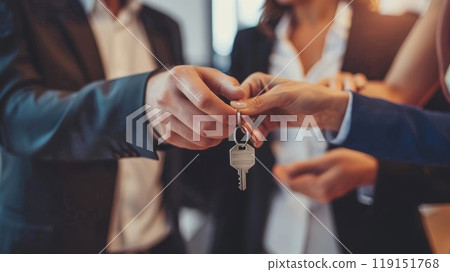 Real estate key exchange, Agent hand passing house keys to customer 119151768