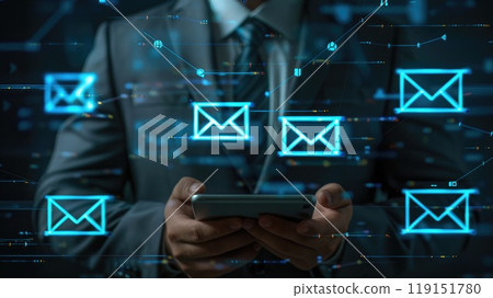 A businessman is holding a tablet and touching an envelope. Concept of communication and the importance of staying connected with others A businessman is holding a tablet and touching an envelope. Concept of communication and the importance of staying connected with others 119151780