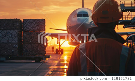 A man in a safety vest stands on the runway next to a large airplane A man in a safety vest stands on the runway next to a large airplane 119151781