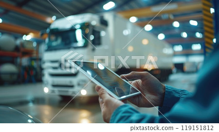 Innovative industrial logistics, Engineer's hand with digital tablet in factory setting 119151812