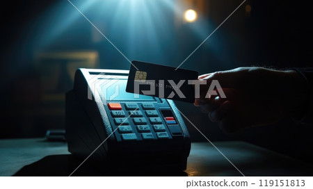 Hand with Black Credit Card at Modern Cash Register in Dark Room 119151813
