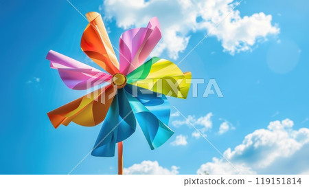 A colorful windmill is spinning in the sky on a sunny day 119151814