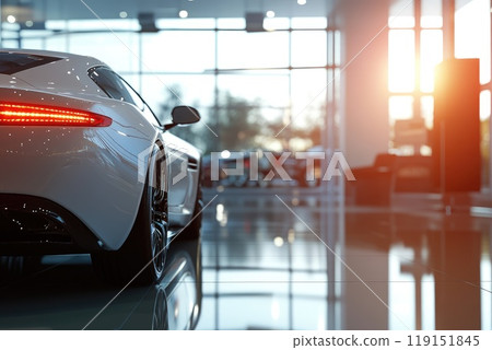 Modern Luxury Car in Showroom with Glowing Headlights and Reflective Glass Windows. 119151845