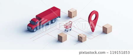 A red truck is driving down a road with a shopping cart in front of it, Concept of transportation and logistics 119151853