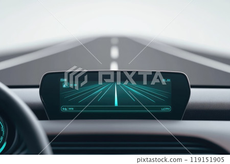 A car dashboard with a green screen displaying a road ahead. The dashboard is equipped with a GPS system A car dashboard with a green screen displaying a road ahead. The dashboard is equipped with a GPS system 119151905