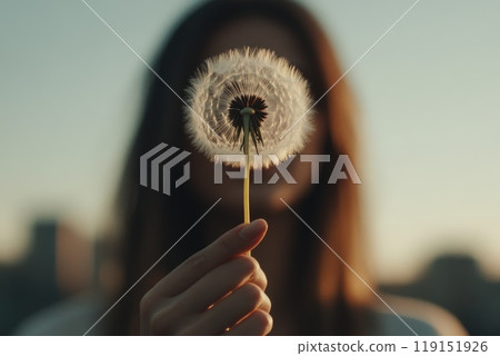 Astronaut Floating in Sky with Dandelion in Hand 119151926