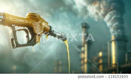 Multiple exposures of fuel pump nozzle with Factory pollution and smoke with copy space for advertising message, Environmental impact of oil industry Multiple exposures of fuel pump nozzle with Factory pollution and smoke with copy space for advertising message, Environmental impact of oil industry 119151933