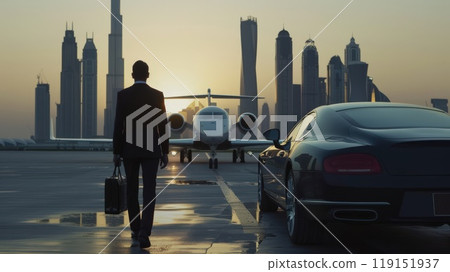 A man in a suit is walking towards a black car and a white jet 119151937